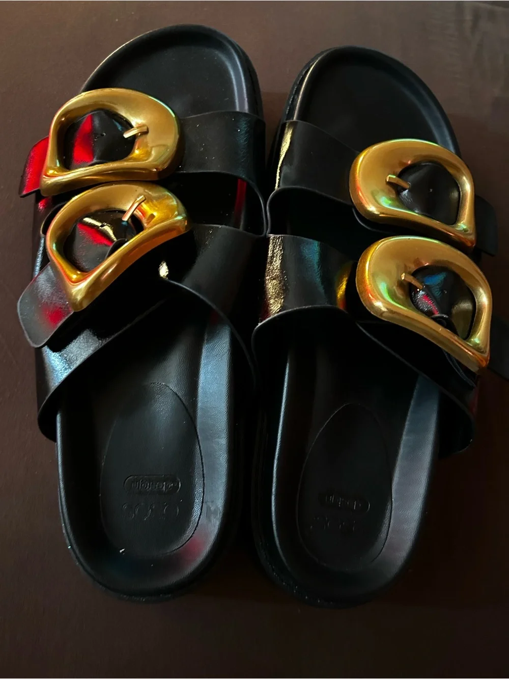 Women’s Black Slide Sandals with Gold Buckle Accents